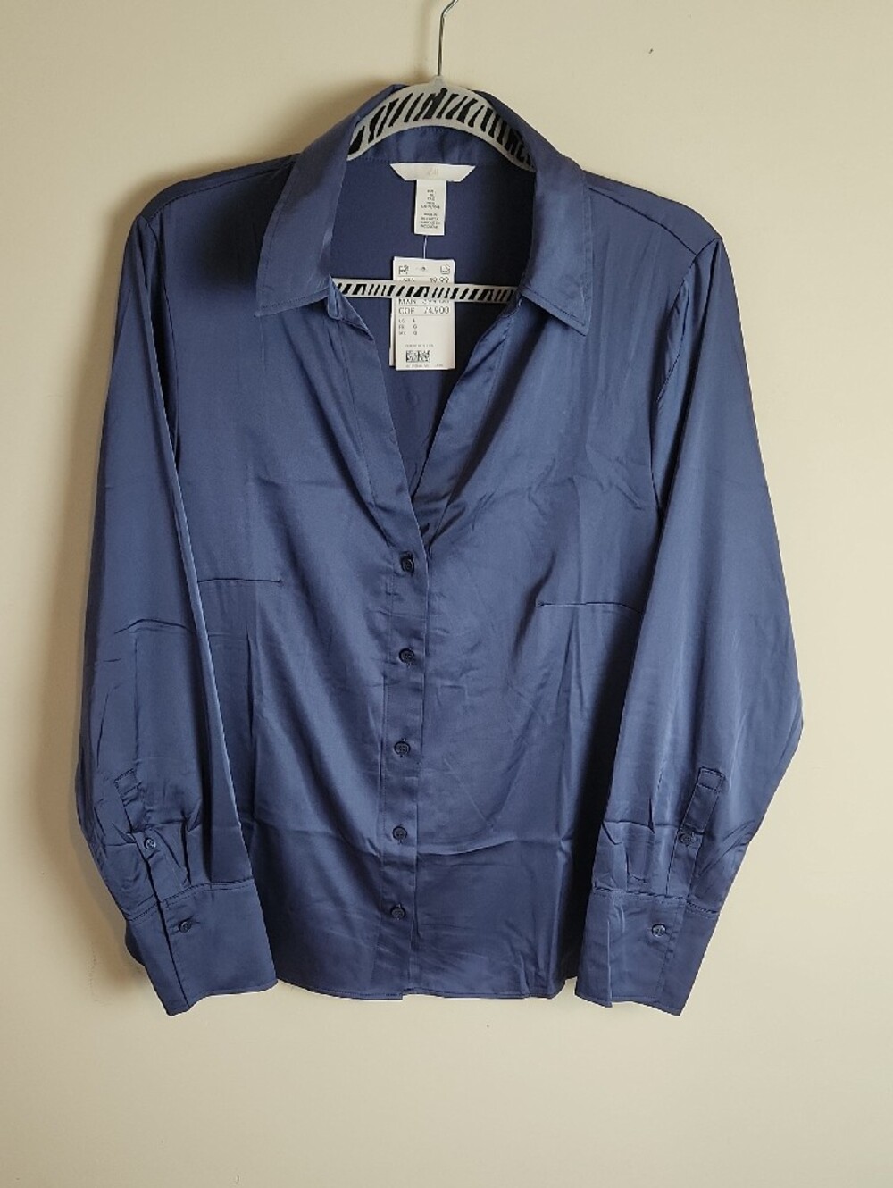 H&M Dusty Blue Satin-Feel Button-Up Blouse Large NWT - Picture 2 of 11